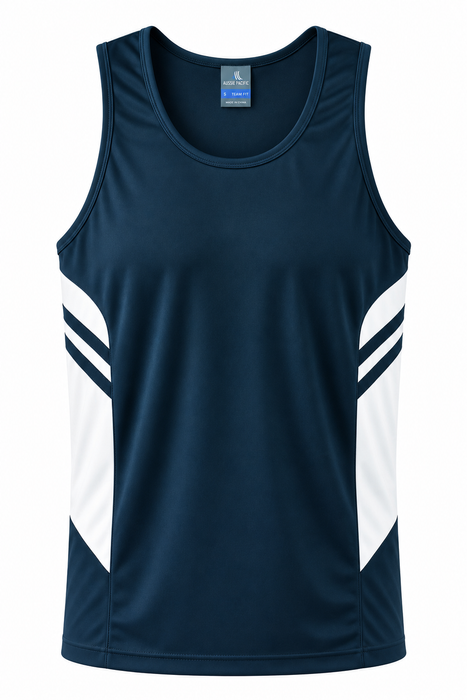 TASMAN MENS SINGLETS - NAVY/WHITE